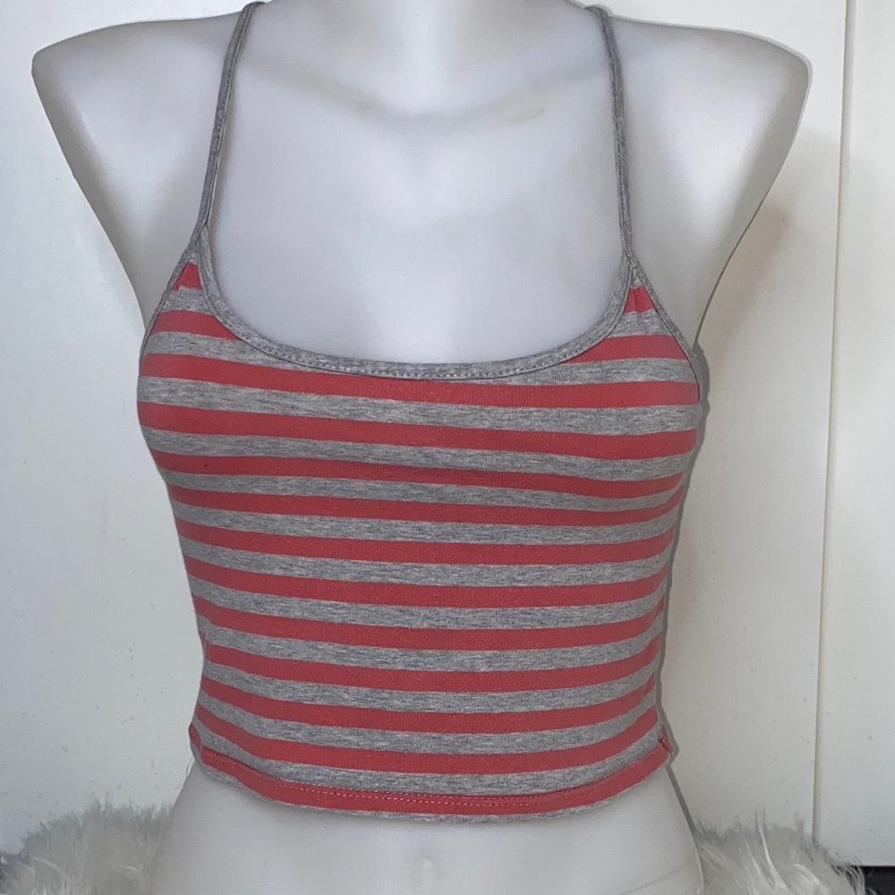 Grey and Light Pink Striped Crop top With Spaghetti Straps